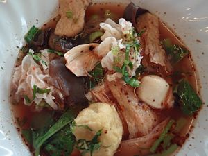 This is spicy noodle soup with assorted mushrooms. at Vegetarian Jai Fa in Bangkok
