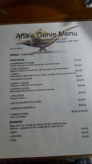 Menu on 11/18/18 at Ana's Genies in Caye Caulker