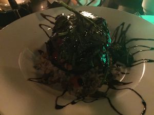The restaurant is dark so this is the best pic I could get of the vegan portabella dish. at Disneyland - Blue Bayou in Anaheim