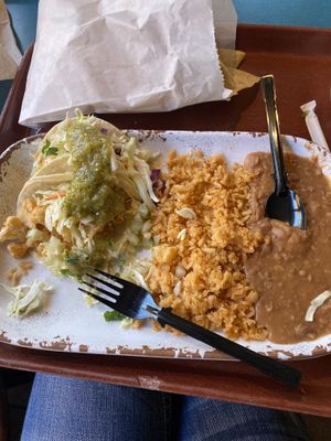 Cauliflower tacos. I ate one before I took the pic. Comes with 3. Chips.  at Disneyland - Rancho del Zocalo in Anaheim