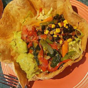 vegetarian tostada salad (made vegan with no dairy) at Disneyland - Rancho del Zocalo in Anaheim