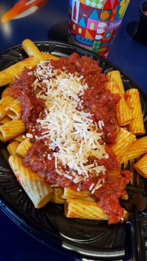 Vegan bolognese (not sure about that cheese though..) at Disneyland - Alien Pizza Planet in Anaheim