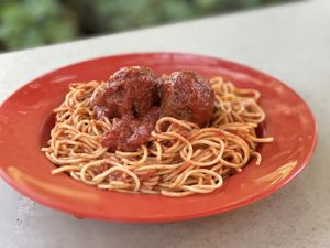 Spaghetti with impossible meatballs  at Disneyland - Boardwalk Pizza & Pasta in Anaheim