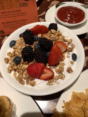 Vegan yogurt topped with granola and fruitt  at Disneyland - Storytellers Cafe in Anaheim