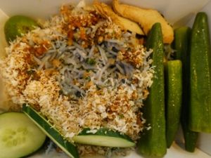 blue rice with lady fingers,  cucumber and fried mock fish  at Blue Bistro SG Cafe in Central Singapore