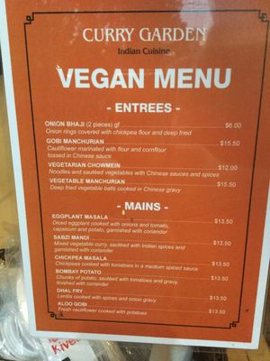 Vegan menu  at Curry Garden in Bendigo
