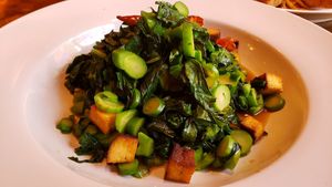 Kale and dried bean curd w/hot peppers ($13.50). Light, fresh and delicious. at Chengdu Center City 成都 in Philadelphia