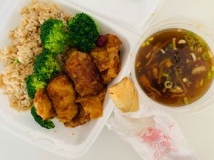 General Tso’s Seitan lunch special w/ hot and sour soup and spring roll.   at Chengdu Center City 成都 in Philadelphia
