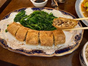 Tofu skin stuffed with mushroom, plus pea leaves  at Chengdu Center City 成都 in Philadelphia