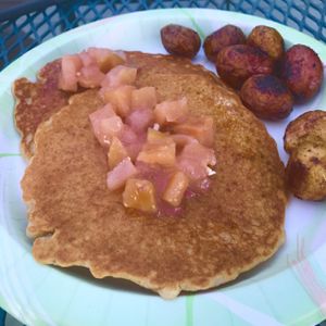 Pancakes with fruit compote and Nepali potatoes at Zinman's Food Shop in Tucson