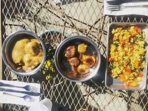Biscuits + Gravy, Side of Potatoes, and Tofu Scramble at Zinman's Food Shop in Tucson