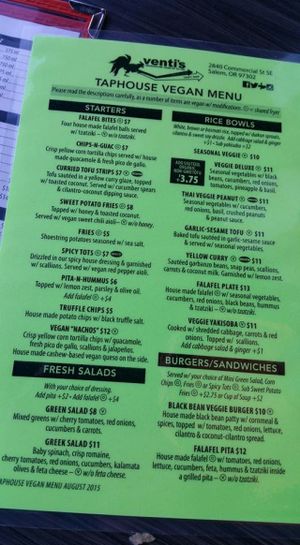 Vegan menu at Venti's Cafe and Taphouse in Salem