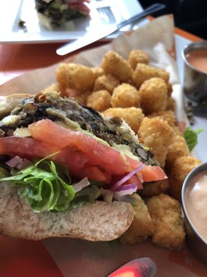 Lentil burger and side of tots  at Venti's Cafe and Taphouse in Salem
