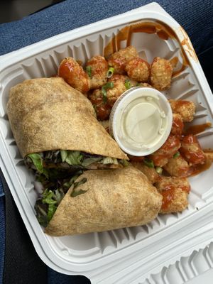 Boulder wrap with Cajun tempeh and spicy tots with avocado ranch. I opted to not have the vegan cheese added but really should have. It was delicious but on the drier side.  at Venti's Cafe and Taphouse in Salem