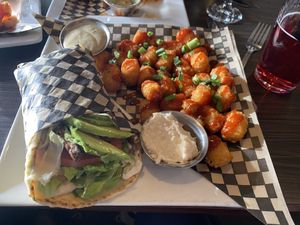 First BTA Pita and Spicy Tots in the new year 🤤 Kombucha to sip.  at Venti's Cafe and Taphouse in Salem
