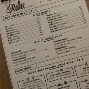 menu at Raw Juicery in Hanoi