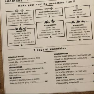 smoothie menu at Raw Juicery in Hanoi