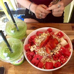 2 energizers & a muesli & fruit salad to share, fabbbb at Raw Juicery in Hanoi