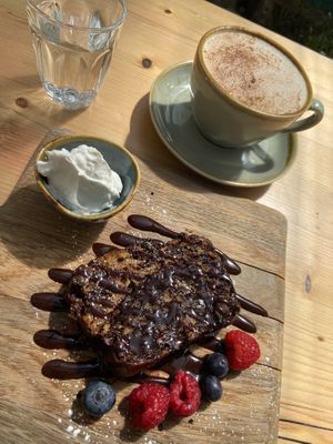Chocolate banana bread & chai latte   at Bonobo Cafe in Aberdeen