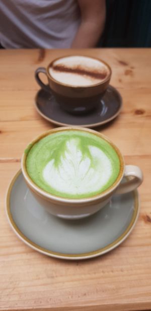 Dirty Chai and Matcha latte with peppermint at Bonobo Cafe in Aberdeen