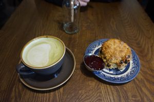 Matcha latte and scone at Bonobo Cafe in Aberdeen