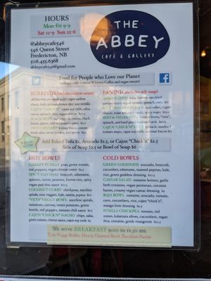 Menu at Abbey Cafe and Gallery in Fredericton