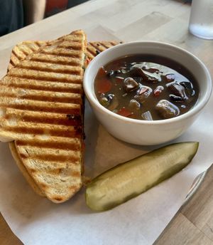 Chorizo sandwich and mushroom miso soup  at Abbey Cafe and Gallery in Fredericton