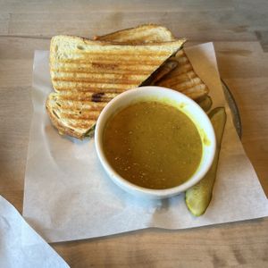 Abbey panini and lentil dahl soup   at Abbey Cafe and Gallery in Fredericton