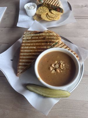 Lentil meatball panini with peanut butter tomato soup   at Abbey Cafe and Gallery in Fredericton