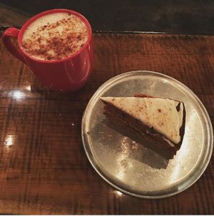 Gingerbread molasses cake and vegan hot chocolate at Abbey Cafe and Gallery in Fredericton