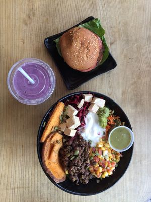 The Einstein smoothie, vegan burger and the Aztec bowl (without chips). at Copper Branch - Mont-Royal in Montreal