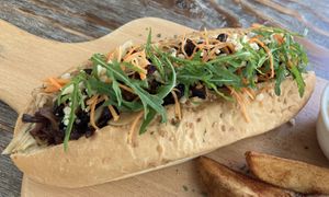 Pulled mushroom, cabbage, carrot, rocket with vegan cheese and black pepper sauce   at LN Fortunate Coffee in Hong Kong Island