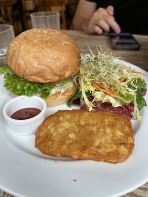 Tofu salad burger, hash brown and mixed green salad  at LN Fortunate Coffee in Hong Kong Island