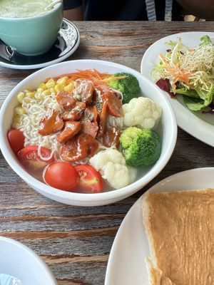 Cheerful set - barley noodles with vegan bbq pork in soup  at LN Fortunate Coffee in Hong Kong Island