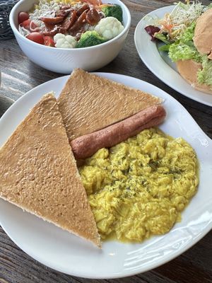 Cheerful set - peanut butter toast, scrambled bean curd with turmeric, vegan sausage  at LN Fortunate Coffee in Hong Kong Island