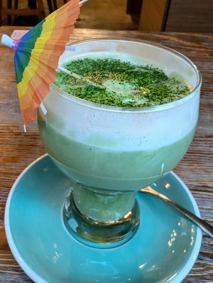 Hot matcha drink with oat milk at LN Fortunate Coffee in Hong Kong Island