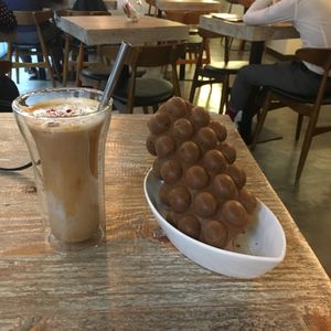 Iced rose latte and chocolate bubble waffle  at LN Fortunate Coffee in Hong Kong Island