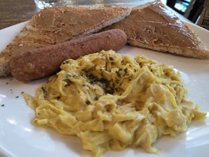 Scrambled tofu, sausage, peanut butter toast  at LN Fortunate Coffee in Hong Kong Island