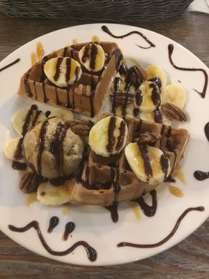 Waffle + salted caramel ice cream  at LN Fortunate Coffee in Hong Kong Island