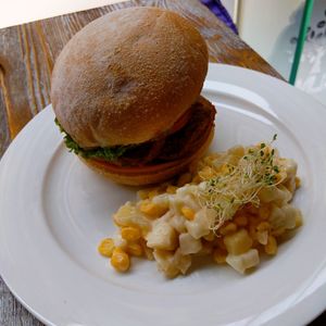 Vegan Cheese Hericium Mushroom Burger with Sweet Corn Salad at LN Fortunate Coffee in Hong Kong Island
