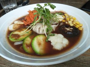 Fortunate dumpling, vegetables and udon in tomato soup at LN Fortunate Coffee in Hong Kong Island