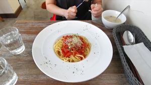 pasta with tomato sauce and vegan cheese at LN Fortunate Coffee in Hong Kong Island