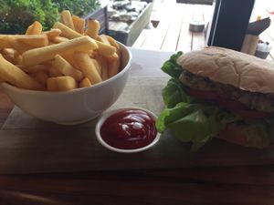 Vegan Burger with Small Chips at SnakeBite Brewery in Franz Josef Waiau