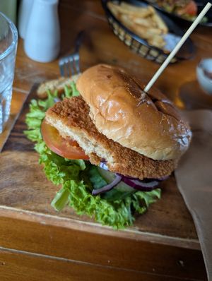 Be careful, Chickenburger sold as a vegan Burger! at SnakeBite Brewery in Franz Josef Waiau