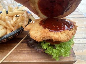 Tofu burger with fries.  Must ask no mayo   at SnakeBite Brewery in Franz Josef Waiau