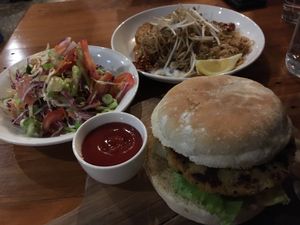 Vegan burger (bottom), side Asian salad (left), and modified pad Thai to be made vegan (top) at SnakeBite Brewery in Franz Josef Waiau