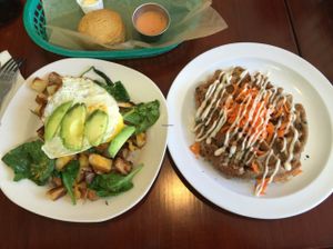 vegan scramble with optional egg & vegan carrot cake waffle at Good Karma Coffee House in Decatur