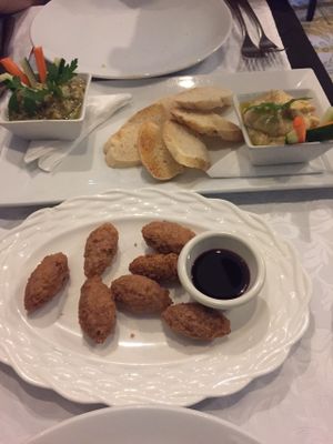 Babaganoush/hummus plate and tarro fritters (all vegan) at Starbien in Havana