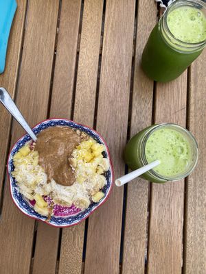 During fruit bowl. With green juice. Yummy at Under the Mango Tree in Miami Beach