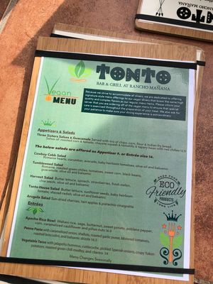 Vegan menu (available upon request) at Tonto Bar and Grill in Cave Creek